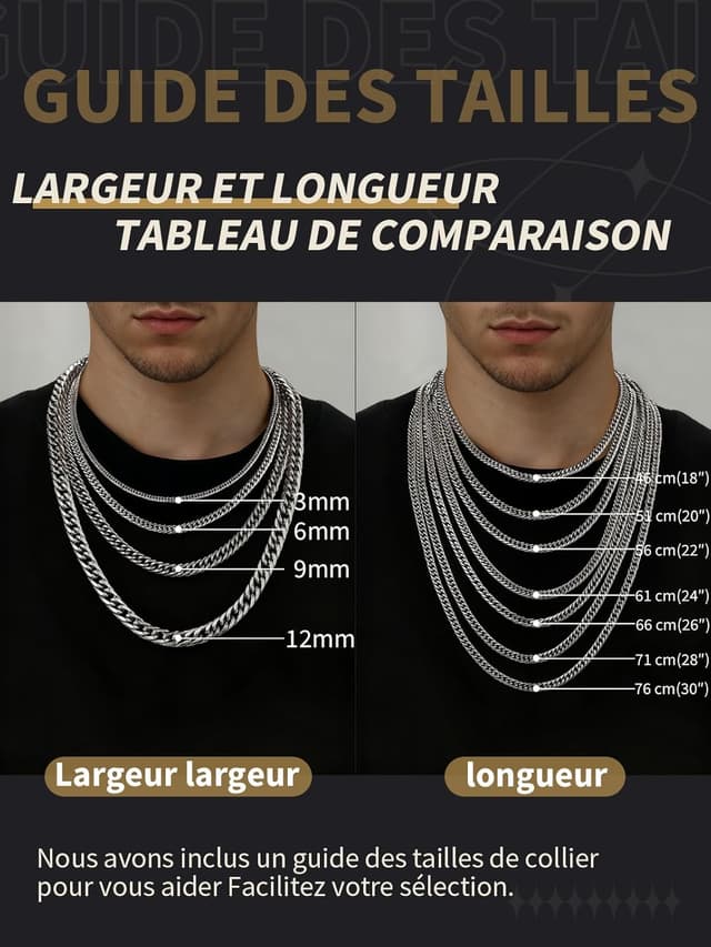 Detalle de FindChic Collier homme cubaine en acier inoxydable 316L, largeurs 3/6/9/12 mm, longueurs 46 à 76 cm