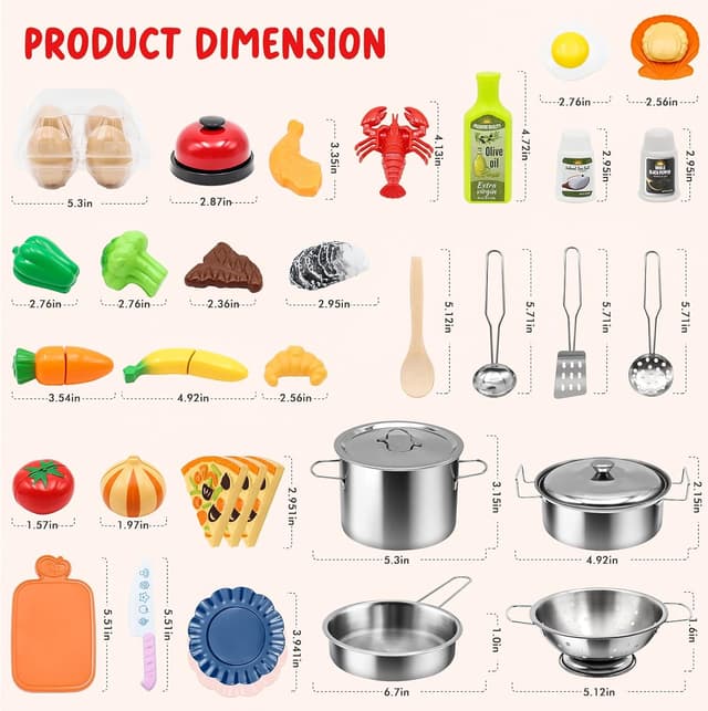 Detalle de 37Items 59Pc Kids Pretend Play Kitchen Accessories Set (Stainless Steel Pots & Pans)