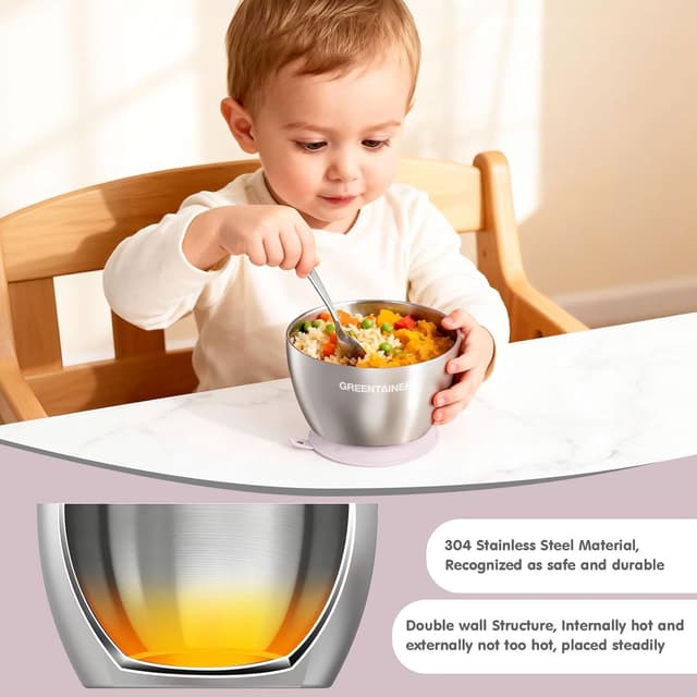 Thumbnail 6 de Greentainer 304 Stainless Steel Baby Bowl Set (Pink) – Double-wall insulated toddler bowls with removable silicone suction base