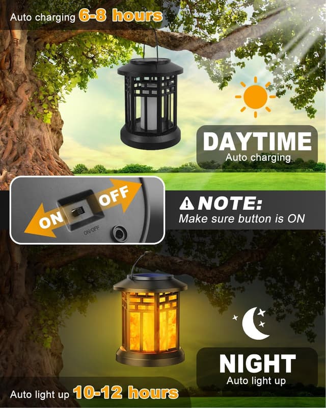 Detalle de KALAHOL 2-Pack Solar Lanterns Outdoor Garden – Hanging LED flame effect, IP65 waterproof (Grid style)