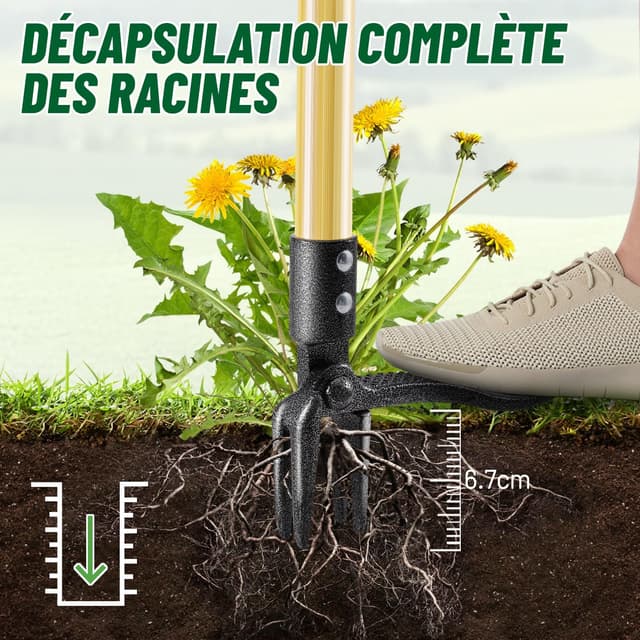 Detalle de Ormalla Désherbeur manuel 1,1 m à arracher le pissenlit, manche en bambou naturel et 4 griffes métalliques