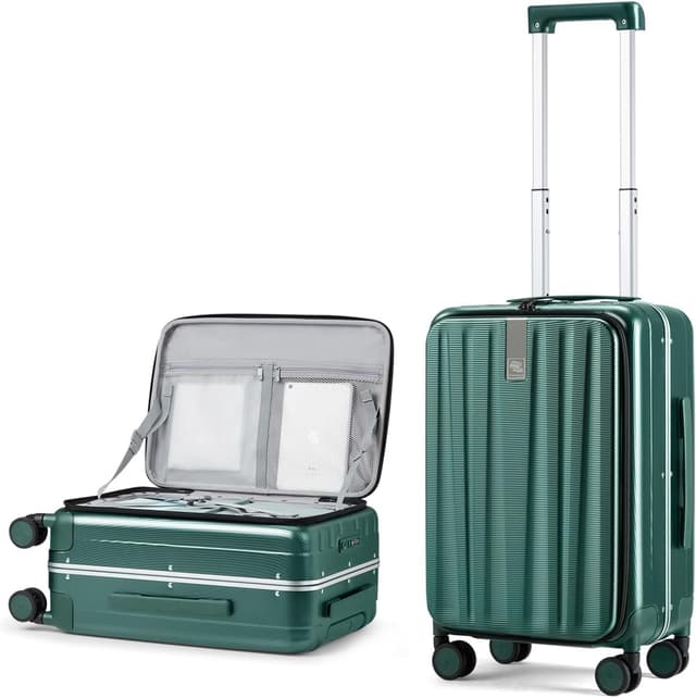 Detalle de Hanke 20-Inch Carry-On Rolling Suitcase (Aluminum Frame, Front Opening) — Hard-Sided PC, Spinner Wheels, Dark Green
