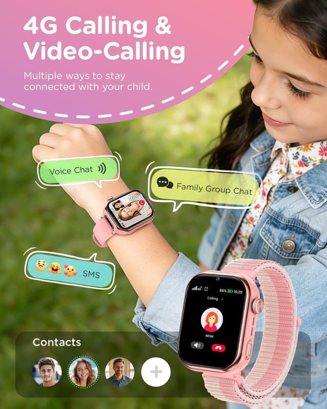 Detalle de Montre connectée enfant GPS 4G whraills avec appels vidéo, mode école et SOS (IP68) – Rose