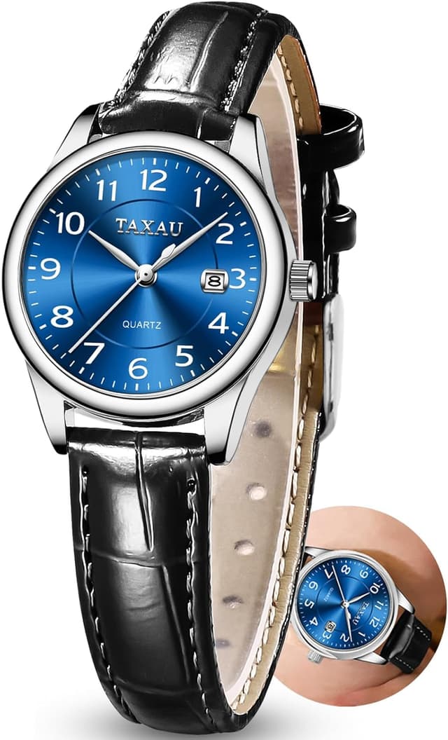 Detalle de Taxau Damenuhr mit Lederarmband, analoges Quarzwerk & Datumsanzeige (28 mm, 3 Bar)