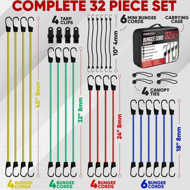 Detalle 2 de FORTEM Bungee Cord Assortment (32-pack) with Plastic-Coated Metal Hooks