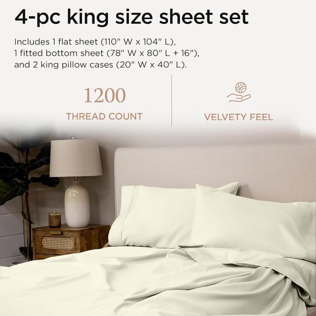 Detalle de Threadmill 100% Supima Cotton 1200 Thread Count King Sheet Set (4-Piece) — Deep Pocket, Ivory
