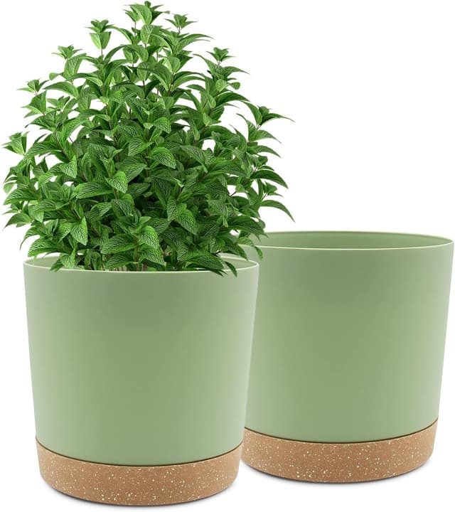 Detalle de QCQHDU 25.4cm Plant Pot (2 Pack) with Drainage Holes & Saucer Tray, Green