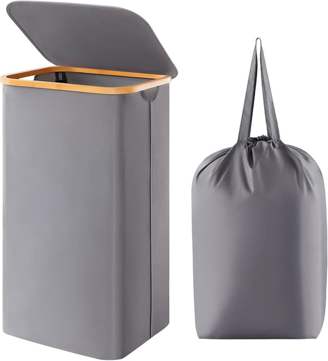 Detalle de Lifewit 100L Wäschekorb mit Deckel und abnehmbarem Wäschesack (Bambusgriffe), grau