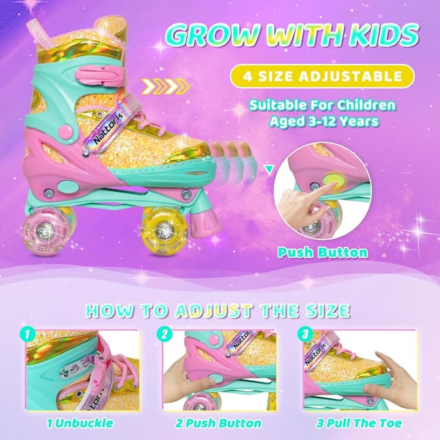 Detalle 2 de Nattork Adjustable Kids Roller Skates for Girls & Boys 4 Sizes