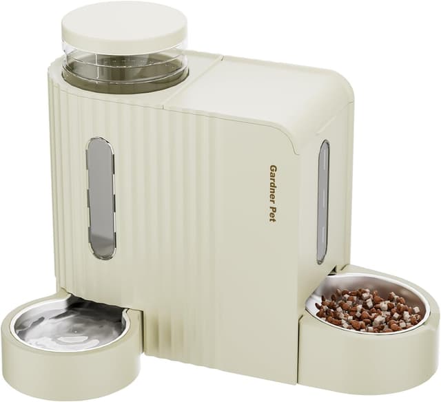 Detalle de Gardner Pet automatischer Futter- und Wasserspender für Katzen/Hunde (2 Näpfe, 3 L + Edelstahl, ohne Strom) – Beige