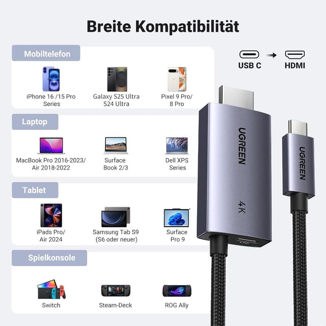 Thumbnail 6 de UGREEN USB‑C auf HDMI Kabel (100 W PD) für 4K@60 Hz, 1080P bis 240 Hz – unidirektional