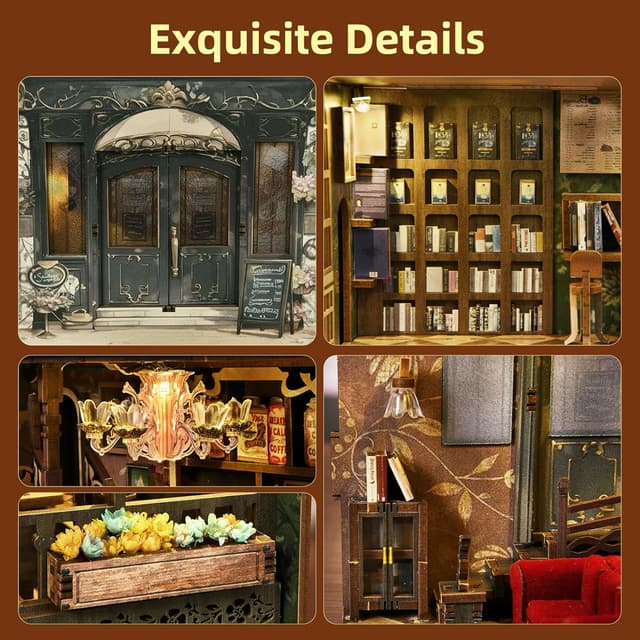 Detalle de MiniCity DIY 3D Wooden Puzzle Book Nook Bookshelf Insert with LED Light (Saisons Café)