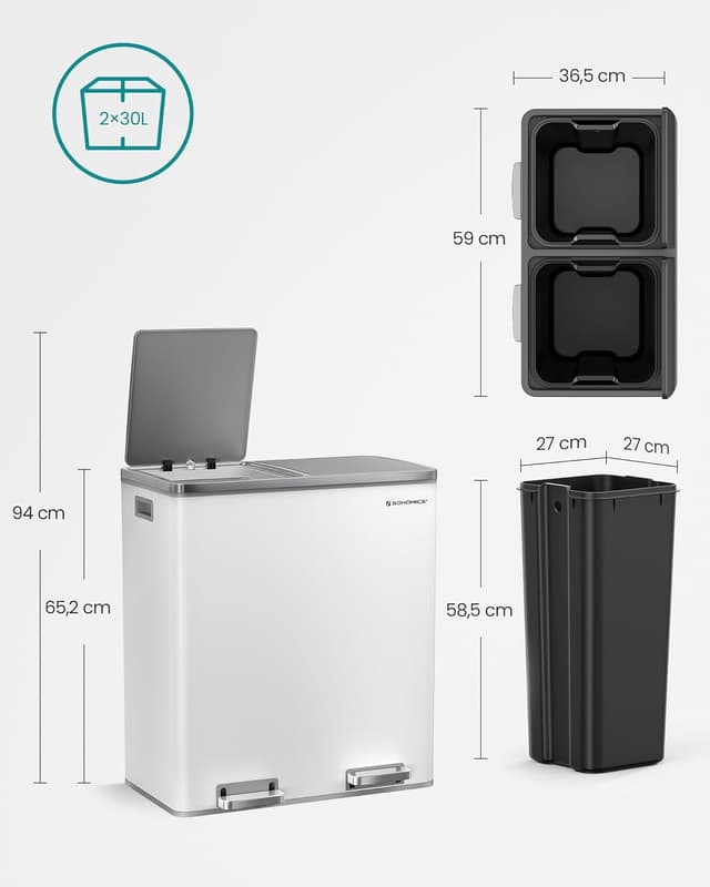 Detalle 1 de SONGMICS LTB60WT pattumiera 2 scomparti, 2x30 L