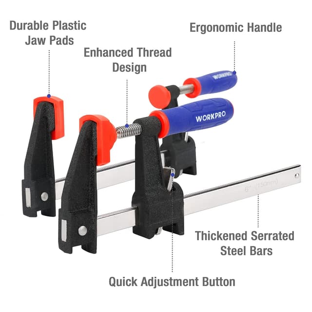 Detalle de WORKPRO Jeu de serre-joints métalliques à libération rapide – 2 pièces, largeur de serrage 300 mm, force max 272 kg