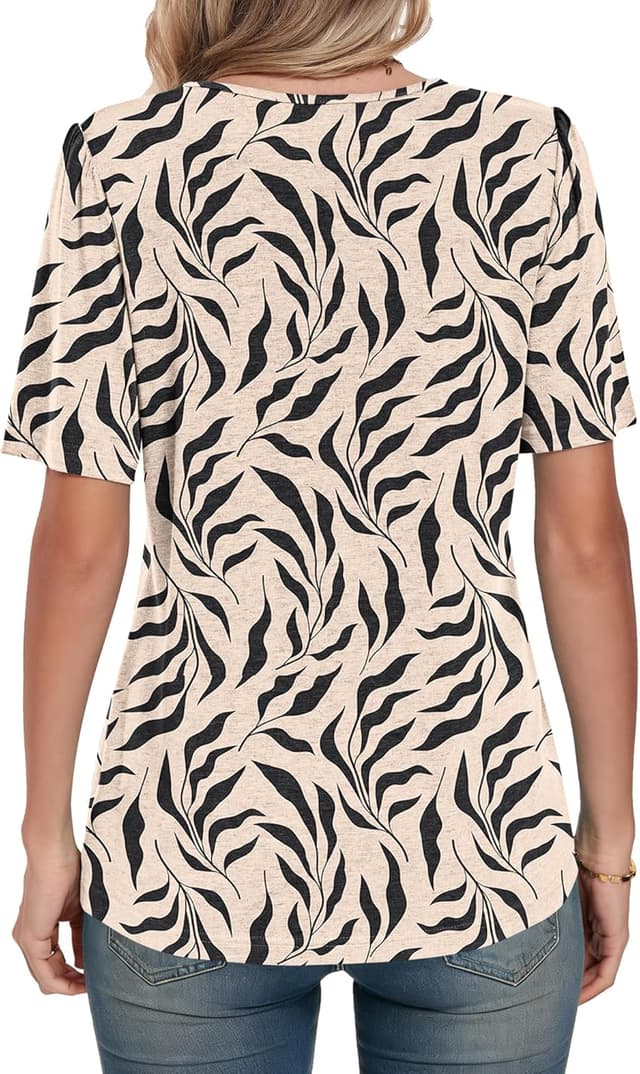 Detalle de PLMOKEN T-shirt femme col rond plissé manches courtes, haut d’été fluide