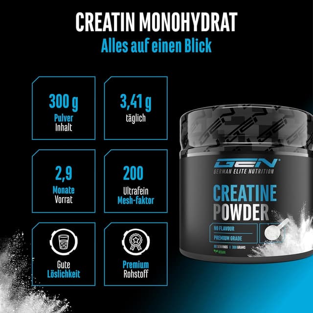Detalle de GEN German Elite Nutrition Kreatin-Monohydrat Pulver (300 g) – vegan, mikrofein