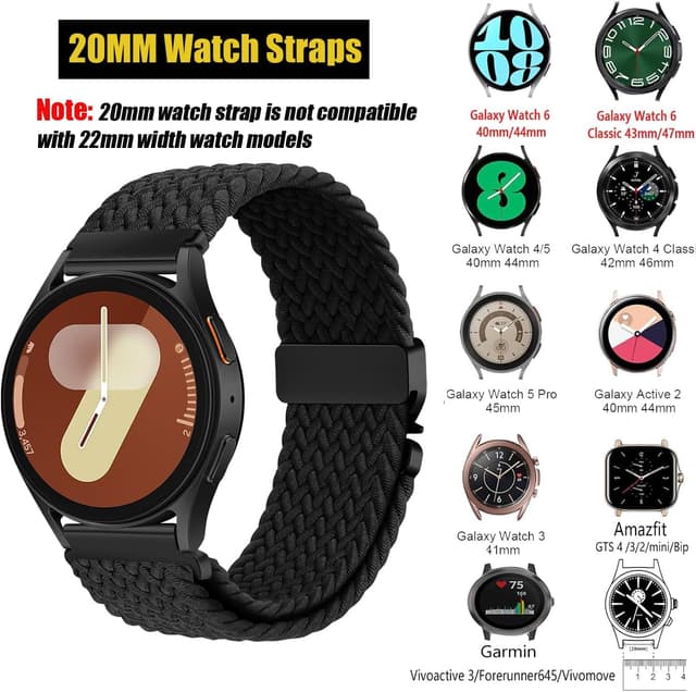 Detalle de 3 Pack 20mm Elastic Braided Strap for Samsung Galaxy Watch 7/6/5/4 & Garmin Vivoactive/Forerunner