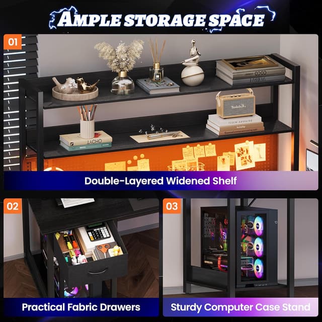 Thumbnail 6 de YOUDENOVA scrivania gaming angolare reversibile con pannello forato, libreria e LED RGB (155x100x152 cm) nero