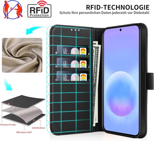 Detalle de UITUIM Leather Wallet Phone Case for Samsung Galaxy A57 5G (Black) with Tempered Glass Screen Protector