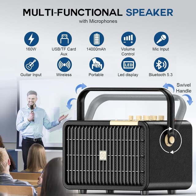 Detalle 2 de SUPNIU 320W Peak Power Karaoke Machine with 2 UHF Wireless Microphones (Portable Bluetooth PA Speaker System)