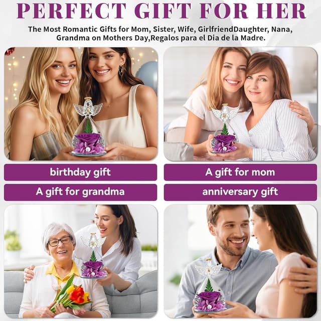 Detalle de YiHuaHua Rose Eternelle Cadeau Femme avec figurine d’ange et cloche en verre borosilicate