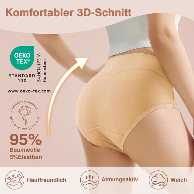 Detalle de QINCAO Damen-Unterhosen im 6er-Pack: hohe Taille aus Baumwolle mit Stretch
