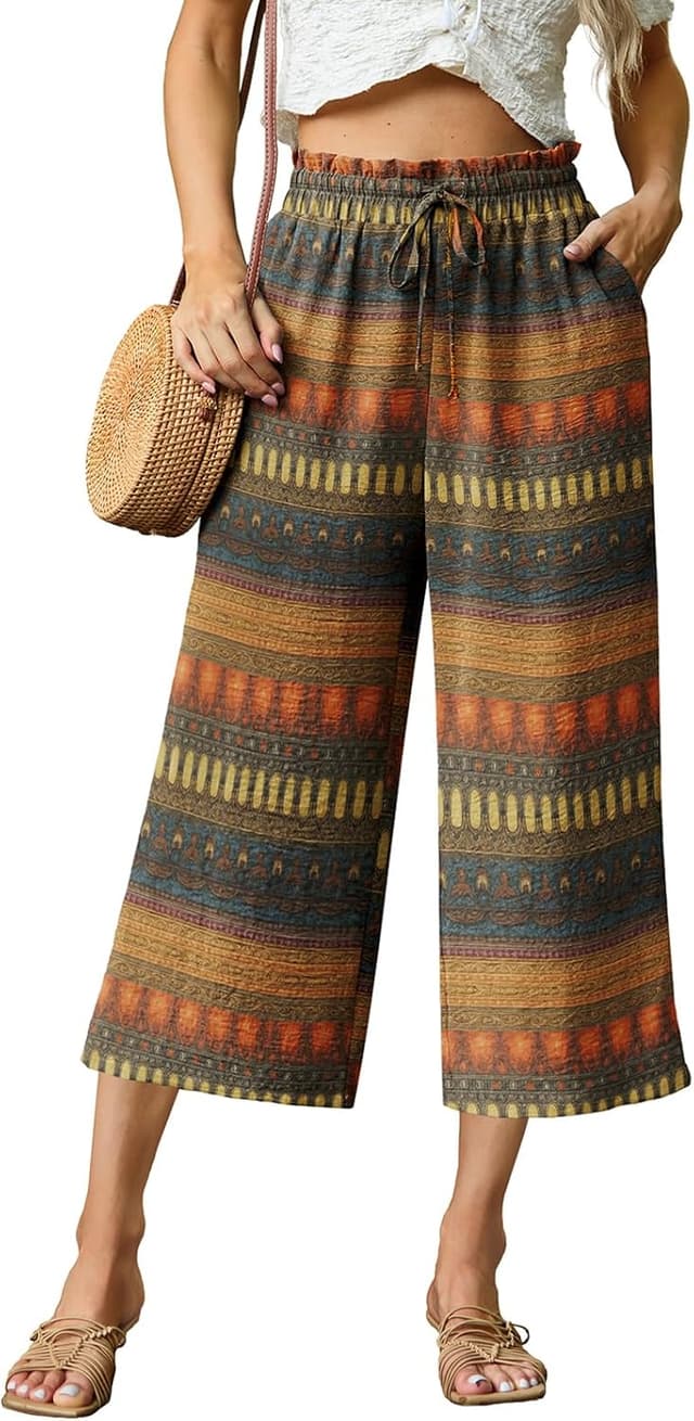 Detalle de FREEOAK Women’s High-Waisted Capri Pants with Wide-Leg Fit, Pockets & Adjustable Drawstring