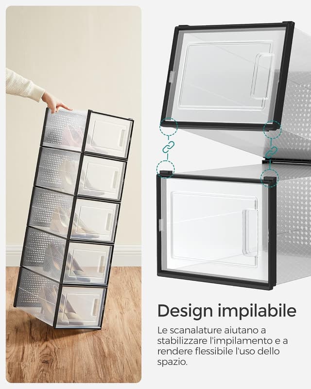 Detalle de SONGMICS Scatole per Scarpe LSP007B18, set da 18 contenitori pieghevoli e impilabili fino alla taglia 46