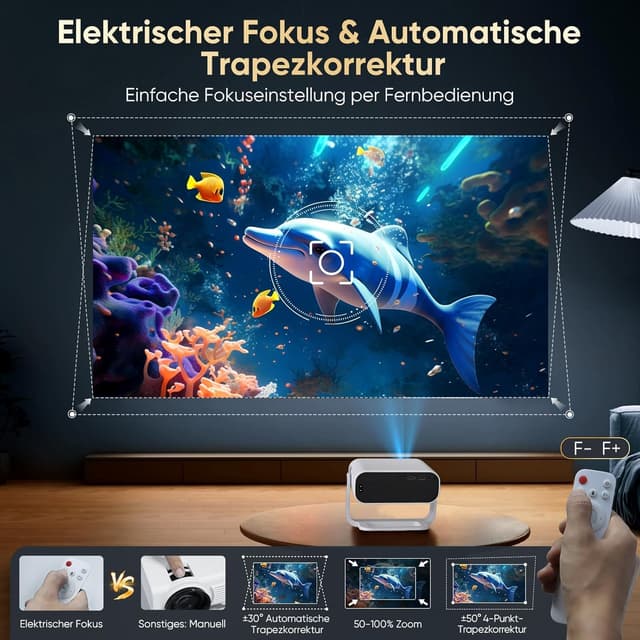 Detalle 2 de 2026 Smart Mini Beamer mit Android 14, Full HD 1080P, WiFi 6 & BT 5.2 – 4K-Decodierung und automatische Trapezkorrektur