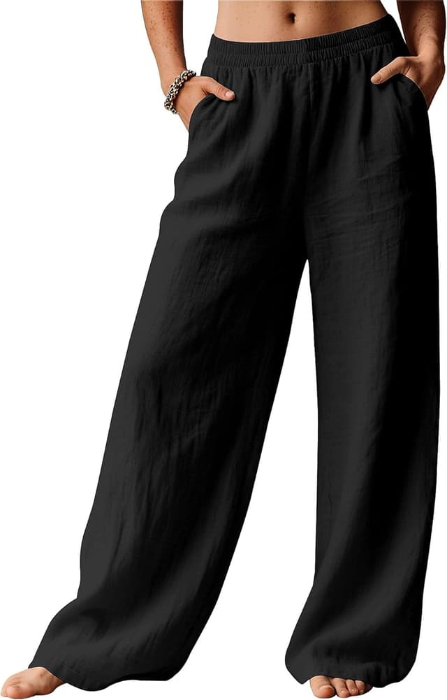 Detalle de Rapbin Linen Trousers for Women – Wide Leg Palazzo Pants with Elasticated Waist and Pockets