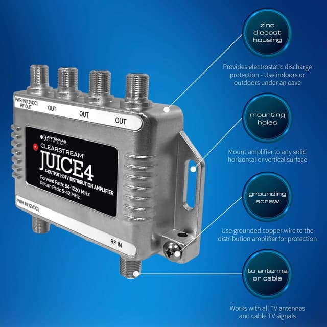 Detalle 2 de Antennas Direct ClearStream JUICE4 4-Output Distribution Amplifier for up to Four TVs (CATV/4K 8K Ready)
