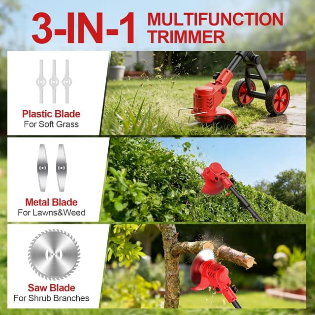 Detalle de Cordless Strimmer with Wheels (4-in-1) with 2×2000mAh batteries and 3 blades