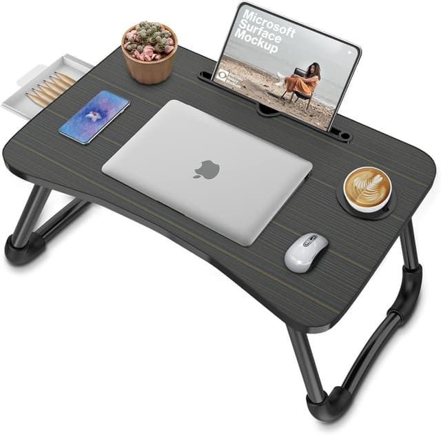 Thumbnail 6 de Zapuno Foldable Laptop Bed Table with Storage Drawer, Cup Holder & Phone/Tablet Slot (Arc Shape)