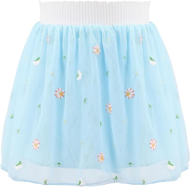 Detalle de Bezioner Girls' Embroidered Tulle Skirt (4 Layers) with Lining – Floral, for Daily Wear, Party & Festival