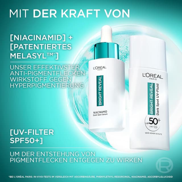 Detalle 2 de L'Oréal Paris Anti-Pigmentflecken Set Bright Reveal: Niacinamid-Serum & UV Fluid LSF 50
