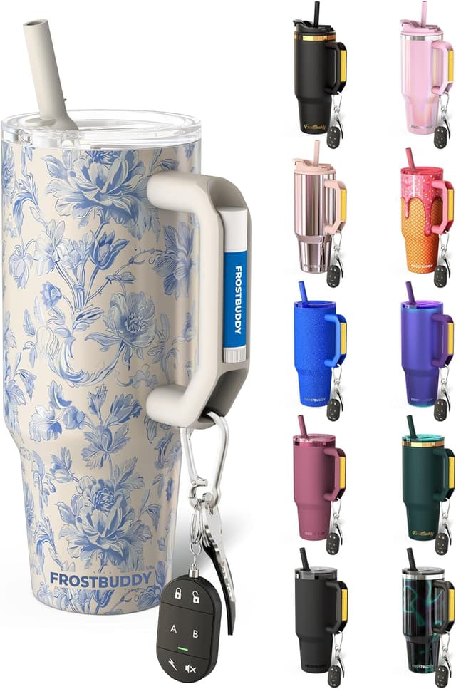 Detalle de Frost Buddy Thicc Buddy 40 oz Stainless Steel Vacuum Tumbler (Blue Floral) with Straw & Lid