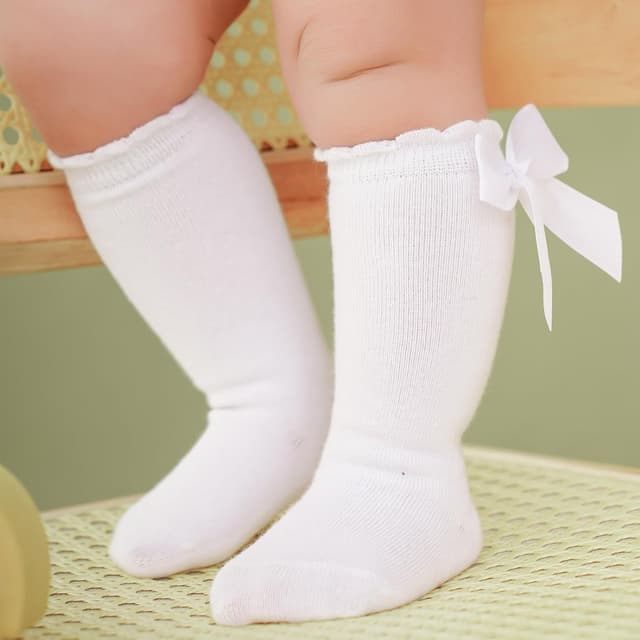 Detalle de DRESHOW – Lot de 3 paires de chaussettes hautes en coton pour bébé fille, hauteur genou avec nœud