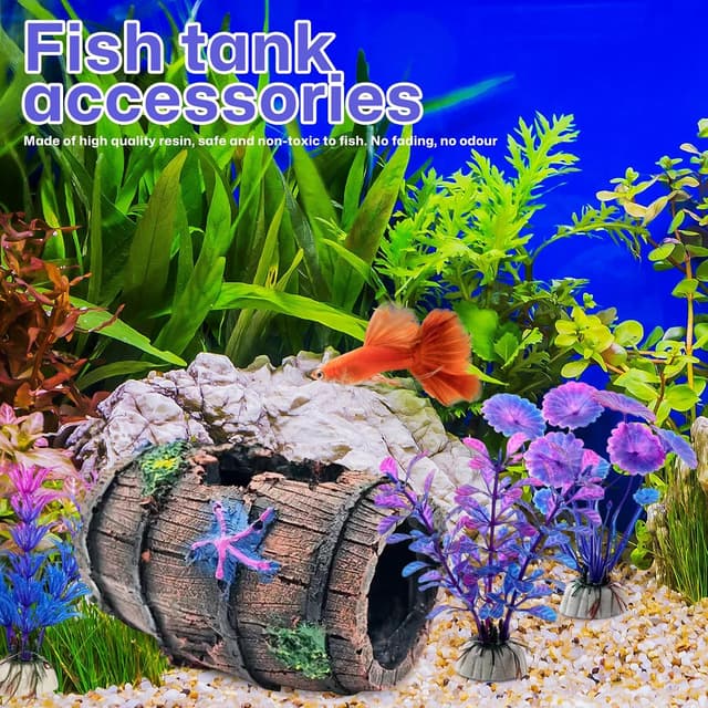 Detalle 2 de LZYDKH broken barrel cave ornament with 4 aquatic plants for aquariums