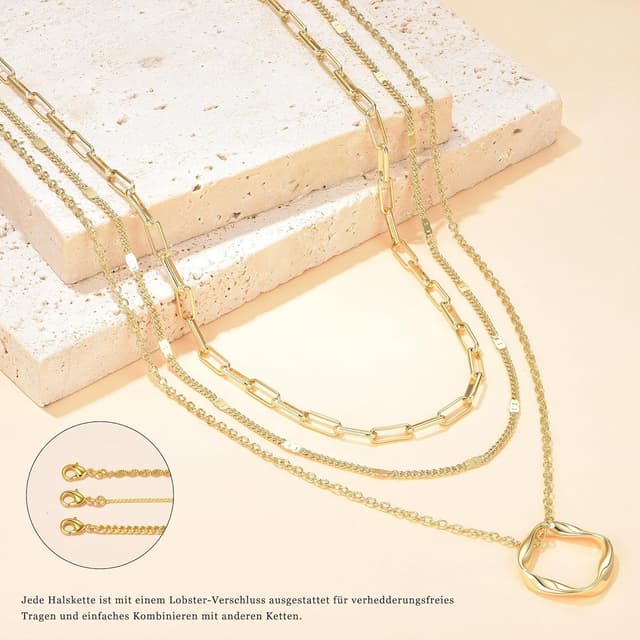 Detalle de FENNELISA 3er Set Damen-Halsketten mit Layering-Look, Silber 925 vergoldet, verstellbar