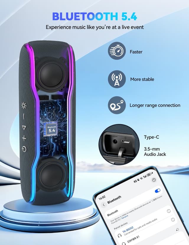Thumbnail 6 de TECKNET TK-BS002 Bluetooth 5.4 portable speaker with 30W stereo sound, RGB lights and IPX7