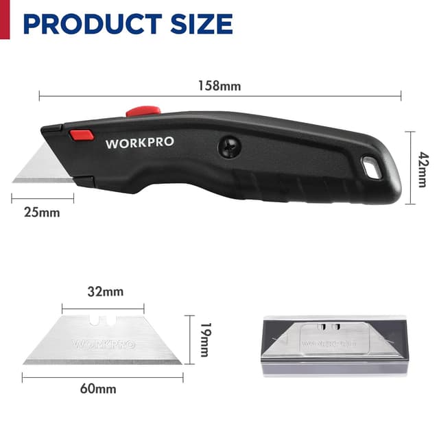 Detalle 2 de WORKPRO set di coltelli di sicurezza retrattile 3 pezzi con 10 lame di ricambio a cambio rapido (nero/rosso/blu)