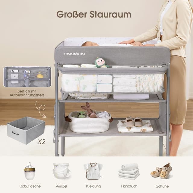 Detalle de Maydolly tragbarer Wickeltisch – faltbar, höhenverstellbar, mit Rädern und wasserabweisendem Sitzkissen (Grau)