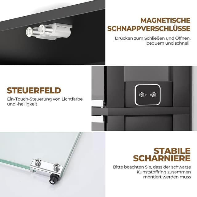 Detalle de BROTTAR Eckvitrine mit Glastüren 165 cm (Eckregal, LED 3 Farben & Sensor) in Schwarz
