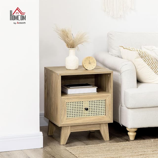 Detalle 2 de HOMCOM table de chevet avec porte en cannage, tiroir et niche 45 x 39 x 56,5 cm