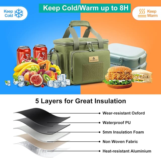 Detalle de HSHRISH 12L Tactical Lunch Bag for Men (Army green) – insulated, waterproof cooler bag