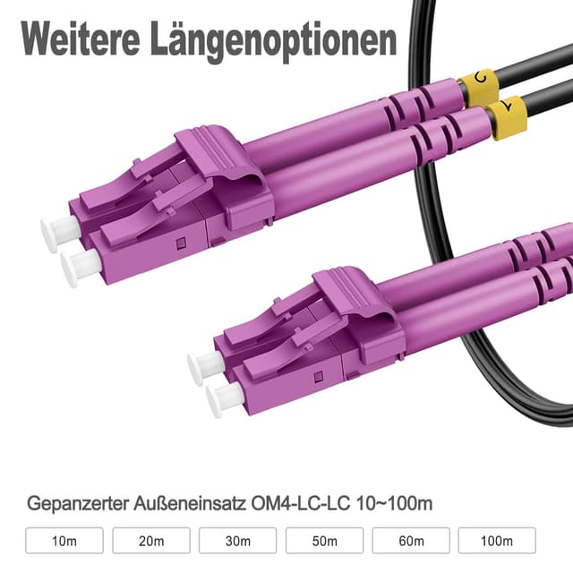 Detalle 2 de RamboCables 30 m gepanzertes Glasfaser-Kabel OM4 (LSZH, OD 3,0 mm) LC auf LC Duplex Multimode – für Innen & Außen