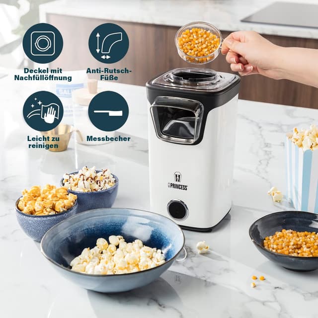 Detalle 2 de Princess Heißluft Popcornmaschine 1100 Watt (292986) – Popcorn ohne Öl und Fett