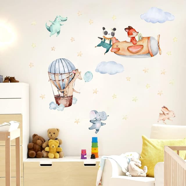 Detalle de TOARTI Flugzeug Tier Wandtattoo für Babyzimmer, 104×30 cm – lichtfarbener Wandsticker mit Elefant, Giraffe & Panda