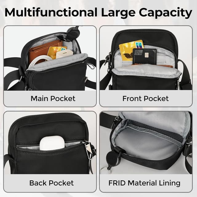 Detalle 1 de Tibroni sac à bandoulière antivol compact avec fermeture éclair, blocage RFID et poche étanche