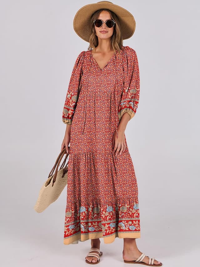 Thumbnail 6 de ANRABESS Boho Maxi Dress: Floral V-Neck Flowing Swing 🌺